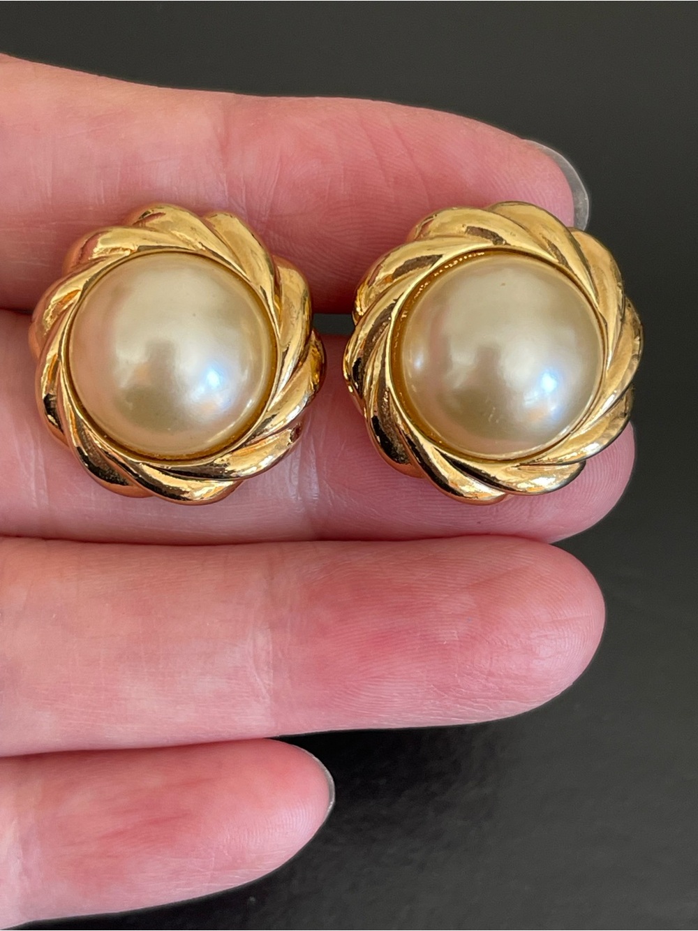 Vintage kJL Gold-Tone faux Pearl Cabochon Earrings.